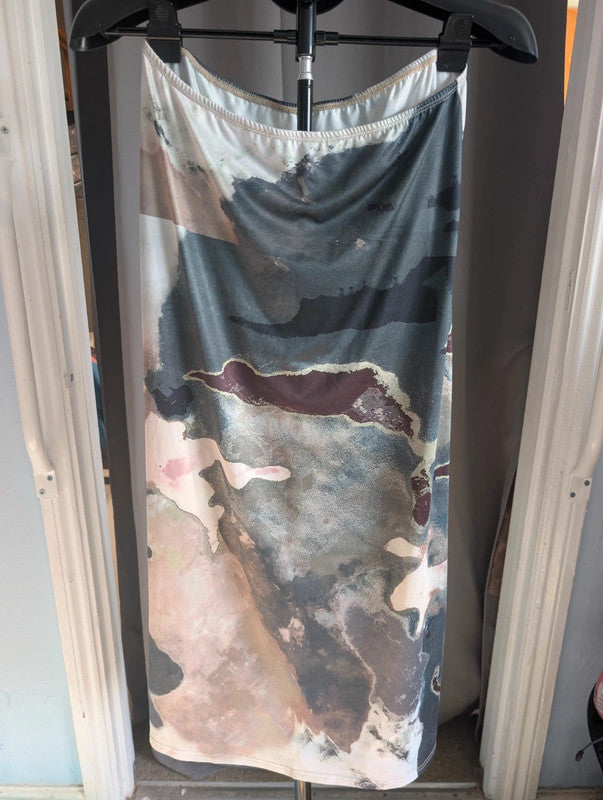 Yozy Abstract Earth Print Midi Slip Skirt Large UK 12-14 Whimsigoth Grunge Goth