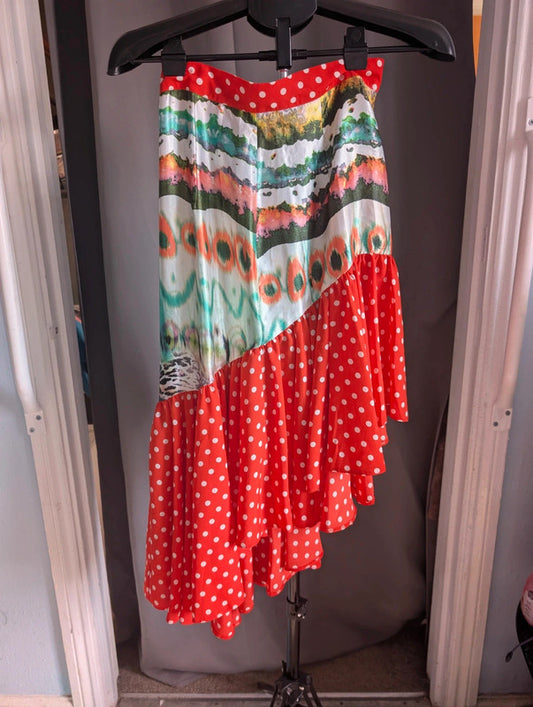 Ruby Violet Red Polka Dot Mixed Print Asymmetric Ruffle Maxi Skirt Size M Boho