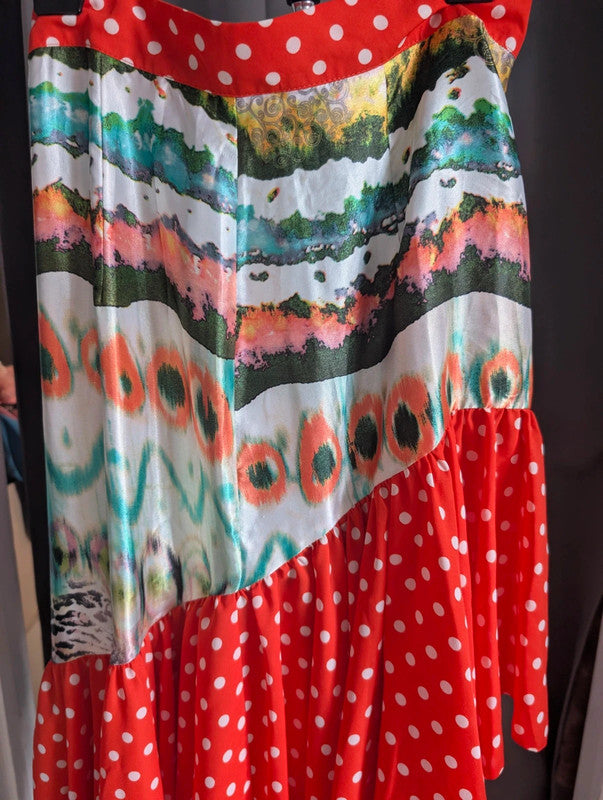 Ruby Violet Red Polka Dot Mixed Print Asymmetric Ruffle Maxi Skirt Size M Boho