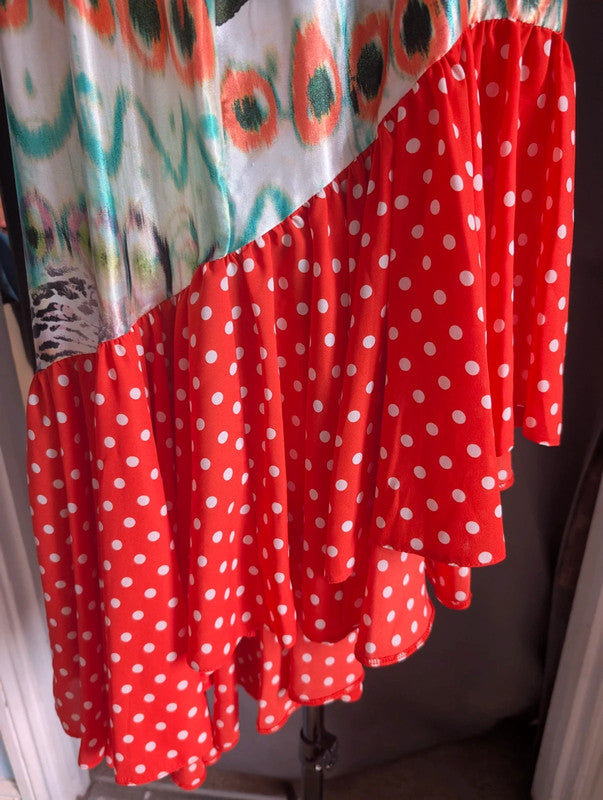 Ruby Violet Red Polka Dot Mixed Print Asymmetric Ruffle Maxi Skirt Size M Boho