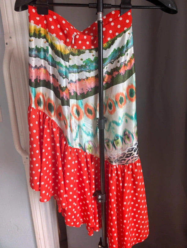 Ruby Violet Red Polka Dot Mixed Print Asymmetric Ruffle Maxi Skirt Size M Boho