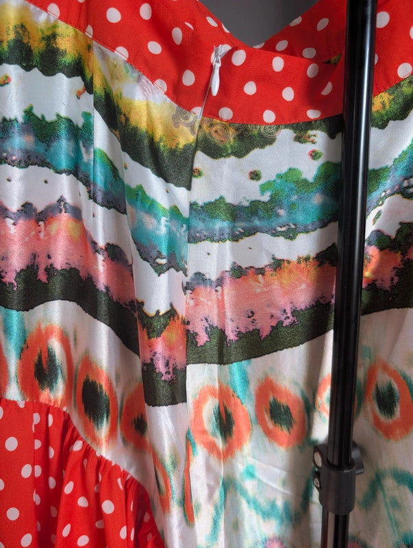 Ruby Violet Red Polka Dot Mixed Print Asymmetric Ruffle Maxi Skirt Size M Boho