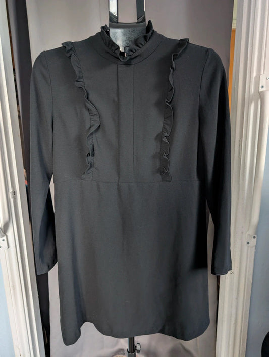 Zara Woman Black Ruffle High Neck Gothic Mini Dress