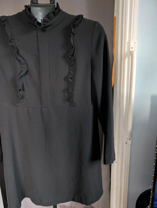 Zara Woman Black Ruffle High Neck Gothic Mini Dress
