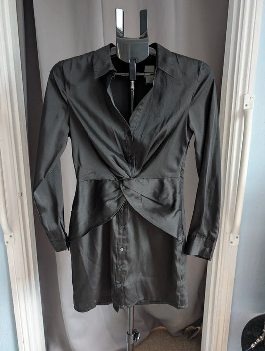 Stradivarius Black Satin Twist Front Shirt Mini Dress
