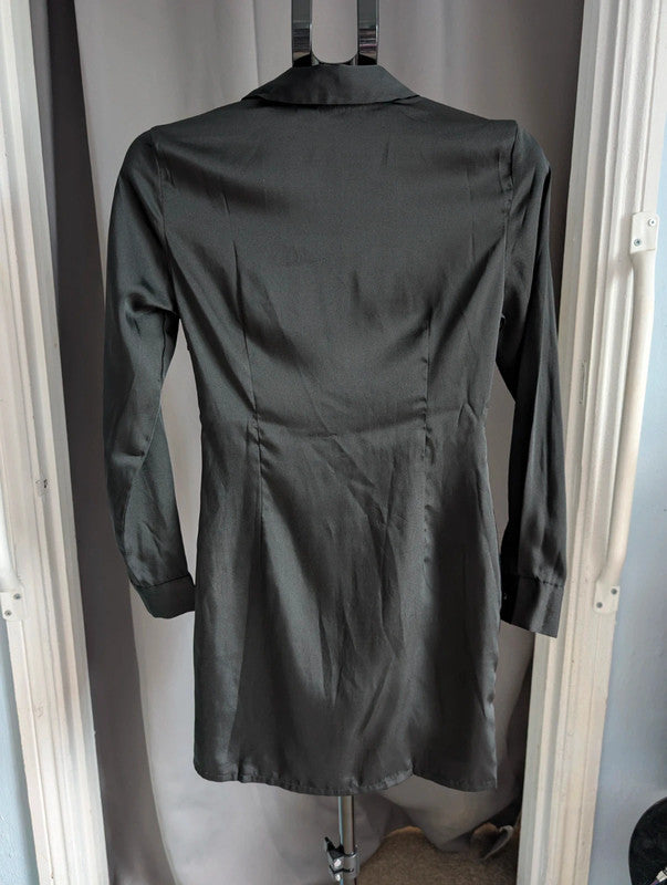 Stradivarius Black Satin Twist Front Shirt Mini Dress