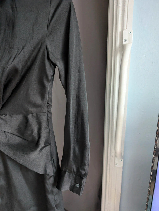 Stradivarius Black Satin Twist Front Shirt Mini Dress