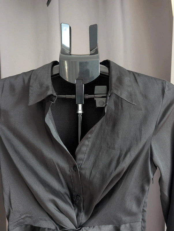 Stradivarius Black Satin Twist Front Shirt Mini Dress