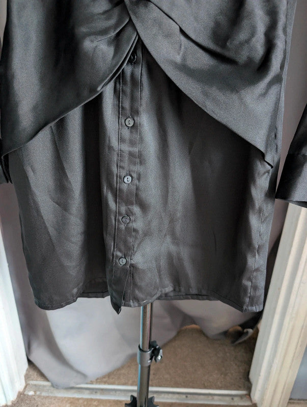 Stradivarius Black Satin Twist Front Shirt Mini Dress