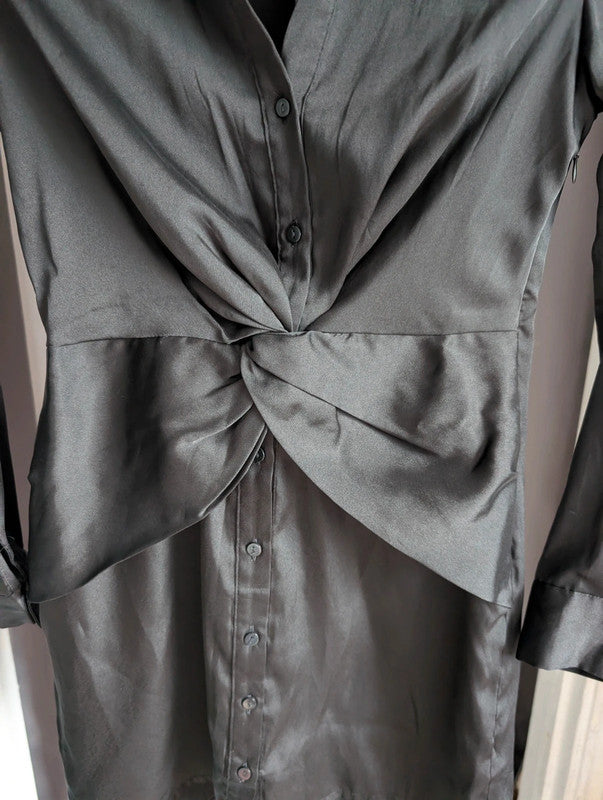 Stradivarius Black Satin Twist Front Shirt Mini Dress