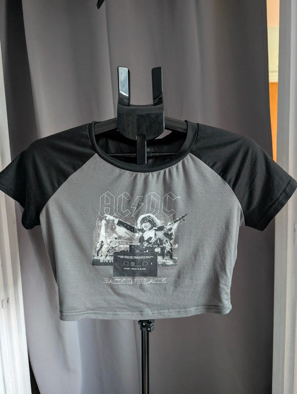 Romwe Acdc Grey Raglan Crop Top Size L