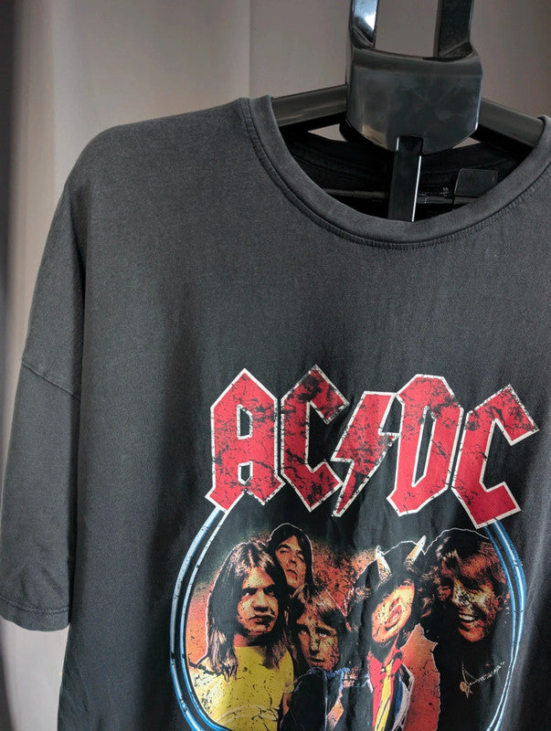 Primark Acdc Band Tee Charcoal Grey Graphic Cotton T-Shirt Size M