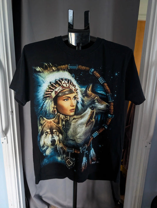Wild Wolf Graphic Tee Black Cotton Native Dreamcatcher T-Shirt Size M