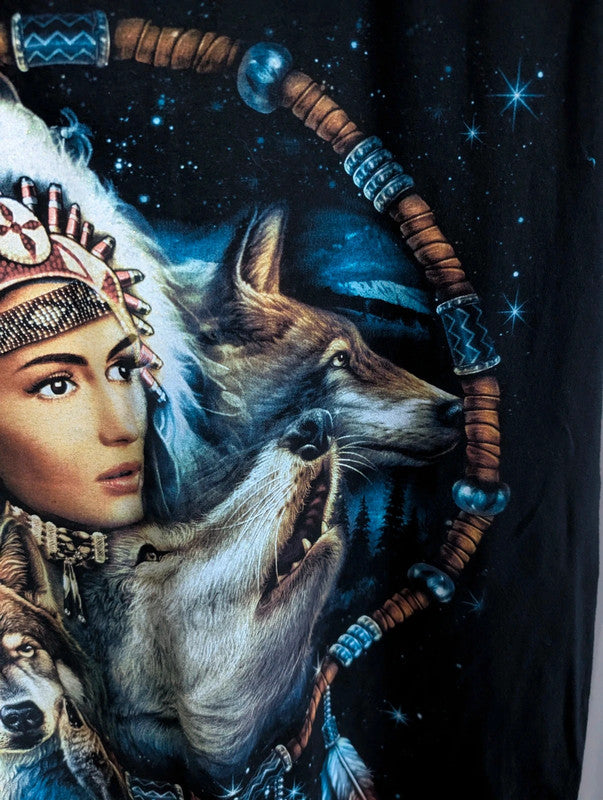 Wild Wolf Graphic Tee Black Cotton Native Dreamcatcher T-Shirt Size M