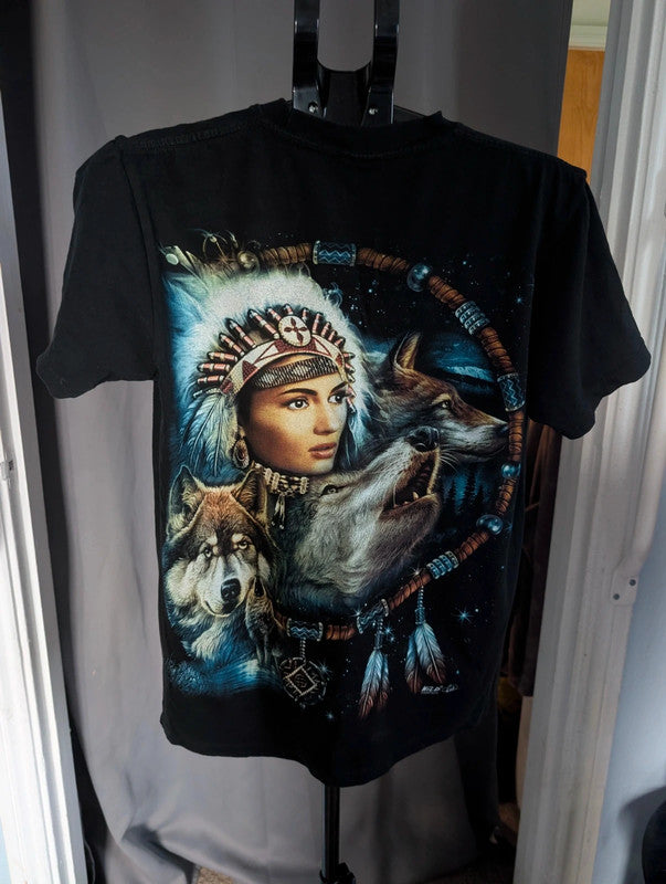 Wild Wolf Graphic Tee Black Cotton Native Dreamcatcher T-Shirt Size M