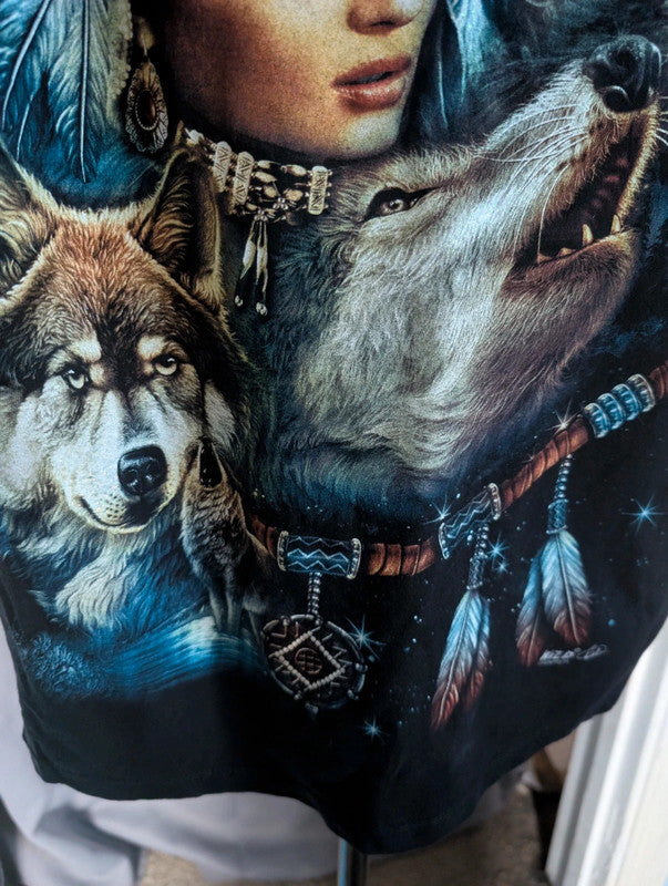 Wild Wolf Graphic Tee Black Cotton Native Dreamcatcher T-Shirt Size M