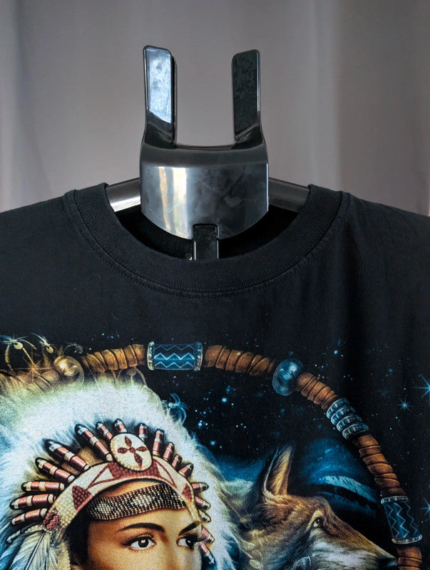 Wild Wolf Graphic Tee Black Cotton Native Dreamcatcher T-Shirt Size M