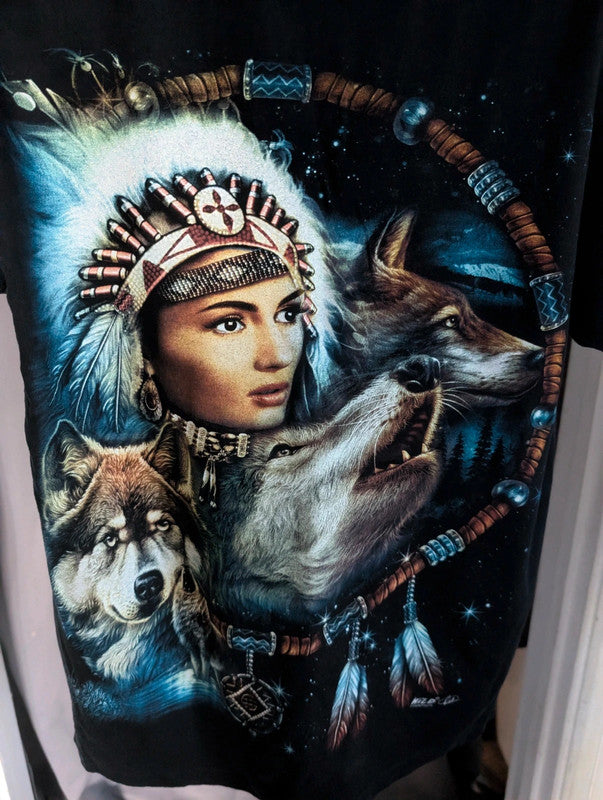 Wild Wolf Graphic Tee Black Cotton Native Dreamcatcher T-Shirt Size M