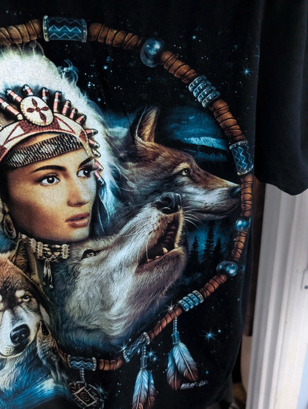 Wild Wolf Graphic Tee Black Cotton Native Dreamcatcher T-Shirt Size M