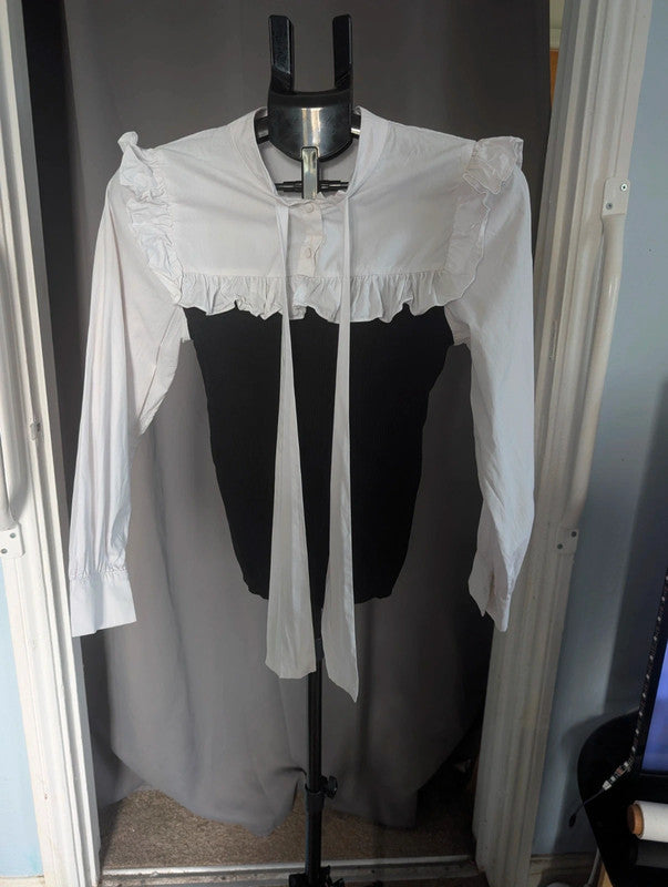 Savida Black Monochrome Ruffle Tie Neck Mock Layer Blouse Size S