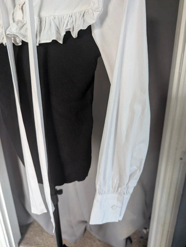 Savida Black Monochrome Ruffle Tie Neck Mock Layer Blouse Size S