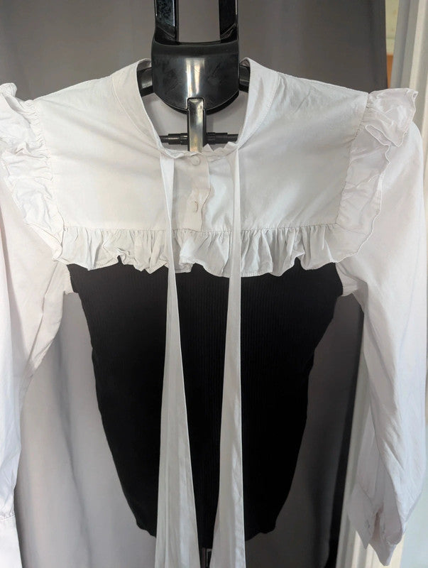 Savida Black Monochrome Ruffle Tie Neck Mock Layer Blouse Size S