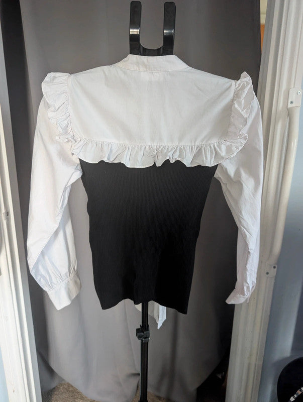 Savida Black Monochrome Ruffle Tie Neck Mock Layer Blouse Size S