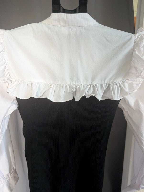 Savida Black Monochrome Ruffle Tie Neck Mock Layer Blouse Size S