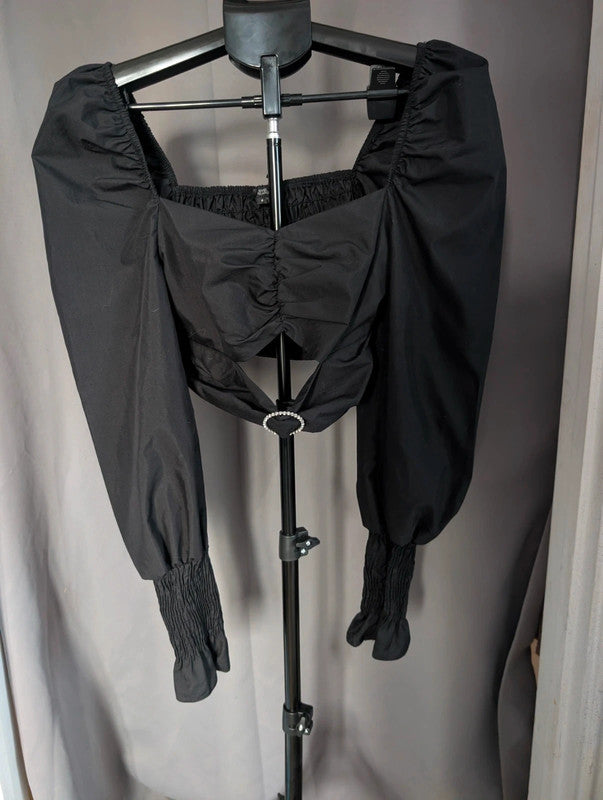 River Island Black Crop Top Diamante Ring Puff Sleeve Size 8