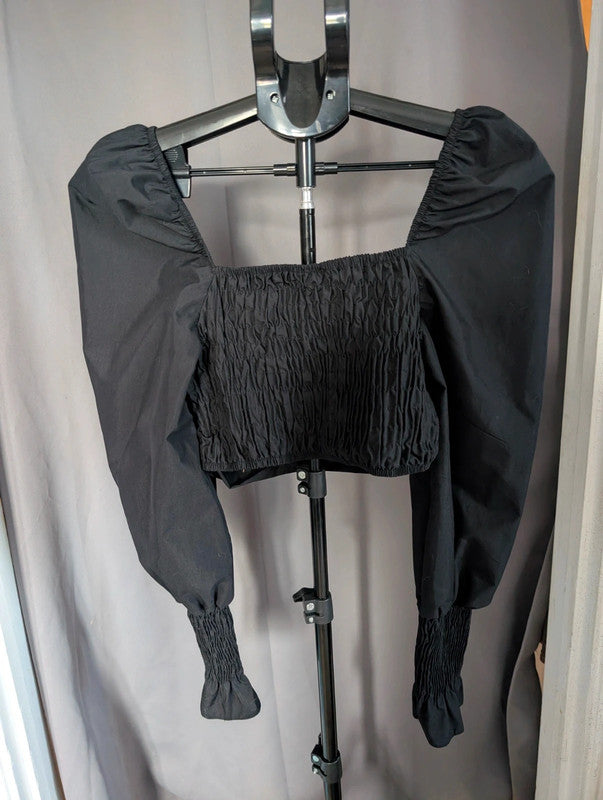 River Island Black Crop Top Diamante Ring Puff Sleeve Size 8