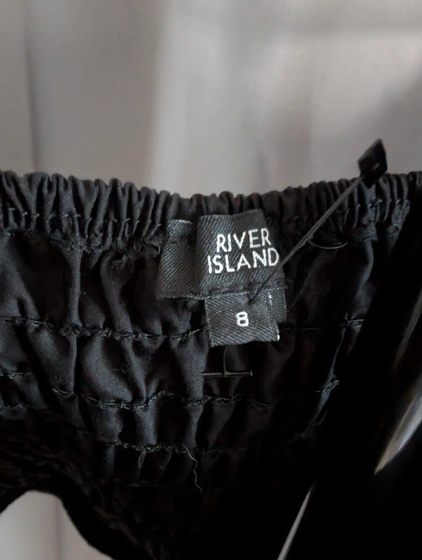 River Island Black Crop Top Diamante Ring Puff Sleeve Size 8