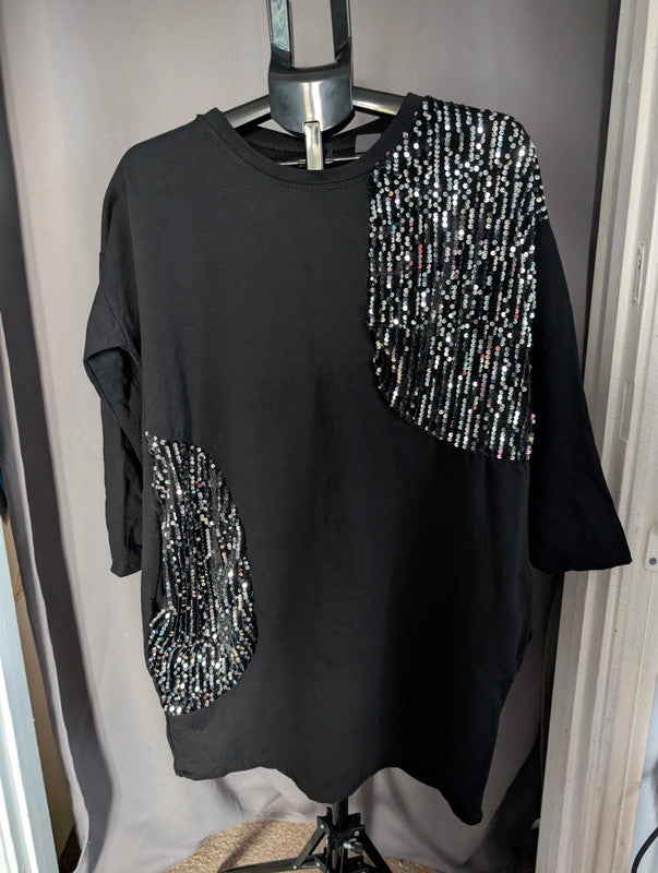 Made In Italy Black Sequin T-Shirt Dress Oversized Top One Size