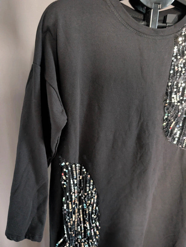 Made In Italy Black Sequin T-Shirt Dress Oversized Top One Size