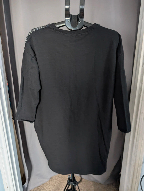 Made In Italy Black Sequin T-Shirt Dress Oversized Top One Size