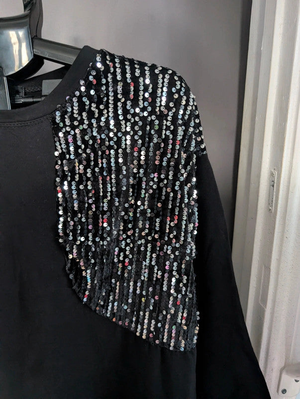 Made In Italy Black Sequin T-Shirt Dress Oversized Top One Size