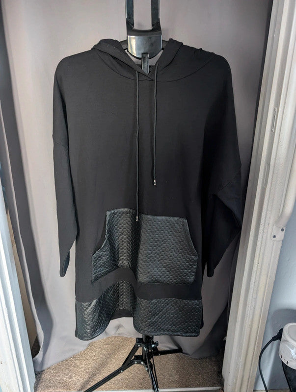 Italy Moda Black Oversized Hoodie Dress Faux Leather Trim One Size