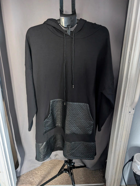 Italy Moda Black Oversized Hoodie Dress Faux Leather Trim One Size