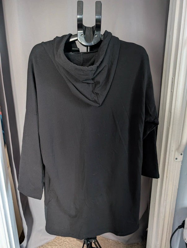 Italy Moda Black Oversized Hoodie Dress Faux Leather Trim One Size