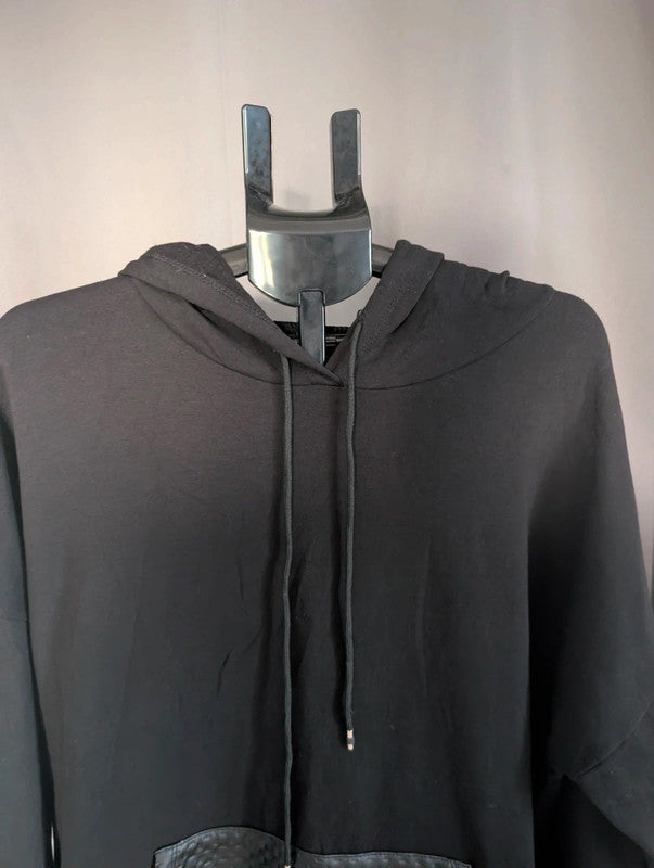 Italy Moda Black Oversized Hoodie Dress Faux Leather Trim One Size