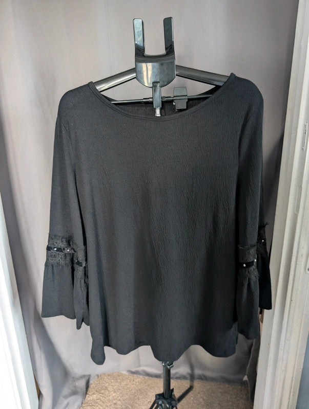 Matalan Black Textured Bell Sleeve Top Size 20 Whimsigoth Gothic Blouse