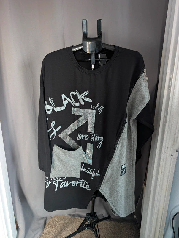 New Collection Black Grey Asymmetric Graphic Tunic Dress Oversized Grunge