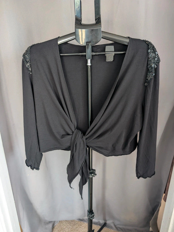 Whimsigoth Black Sequin Shoulder Tie Front Crop Top Beaded Goth Festival Blouse M 10 12