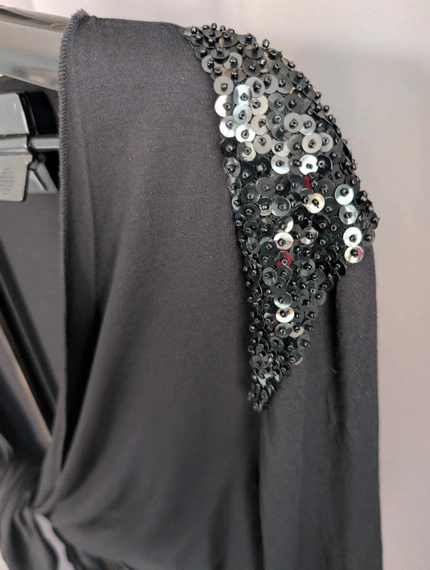 Whimsigoth Black Sequin Shoulder Tie Front Crop Top Beaded Goth Festival Blouse M 10 12