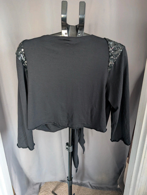 Whimsigoth Black Sequin Shoulder Tie Front Crop Top Beaded Goth Festival Blouse M 10 12