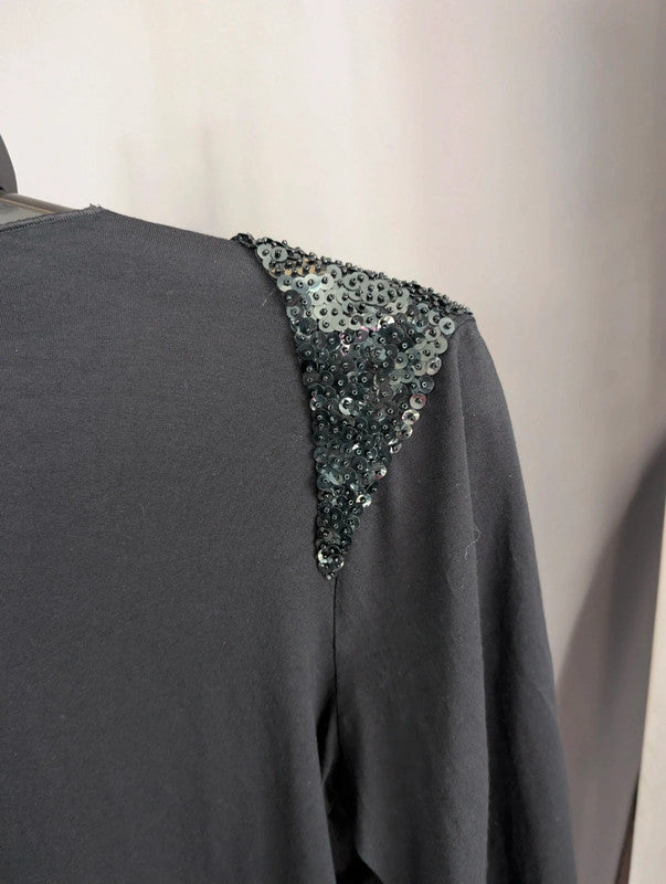 Whimsigoth Black Sequin Shoulder Tie Front Crop Top Beaded Goth Festival Blouse M 10 12