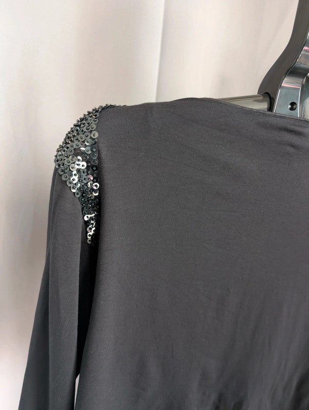 Whimsigoth Black Sequin Shoulder Tie Front Crop Top Beaded Goth Festival Blouse M 10 12