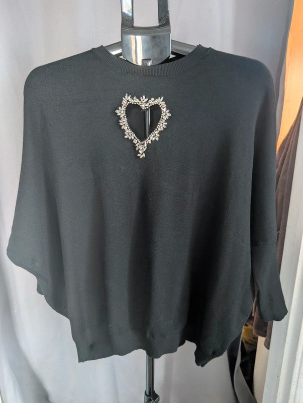 Moëwy Black Heart Cut Out Jumper One Size Whimsigoth Diamante Poncho Sweater
