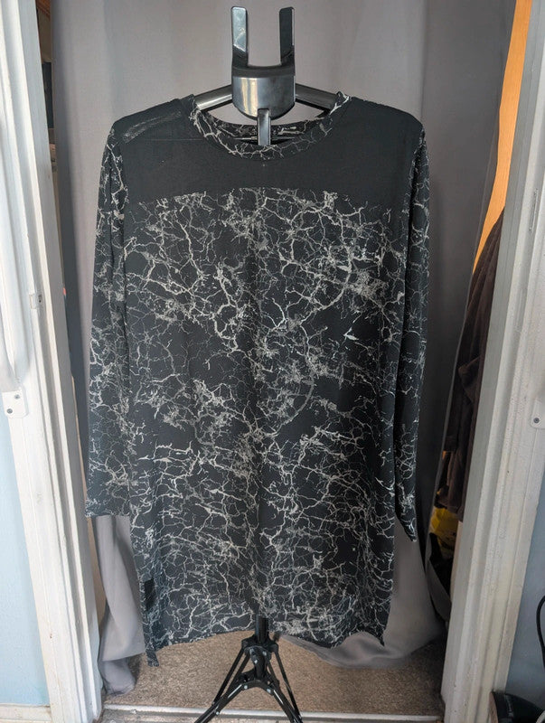 Next Black Marble Print Tunic Dress UK 20 Grunge Mesh Panel Mini