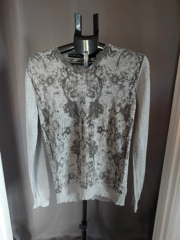 River Island Grey Skull Print V Neck Jumper Size M