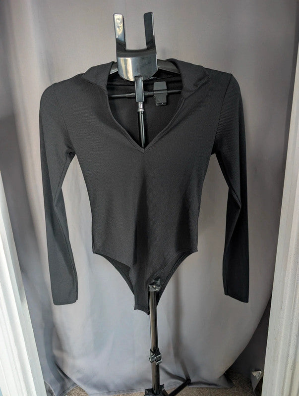 Select Black Ribbed Long Sleeve Collared Bodysuit Size S